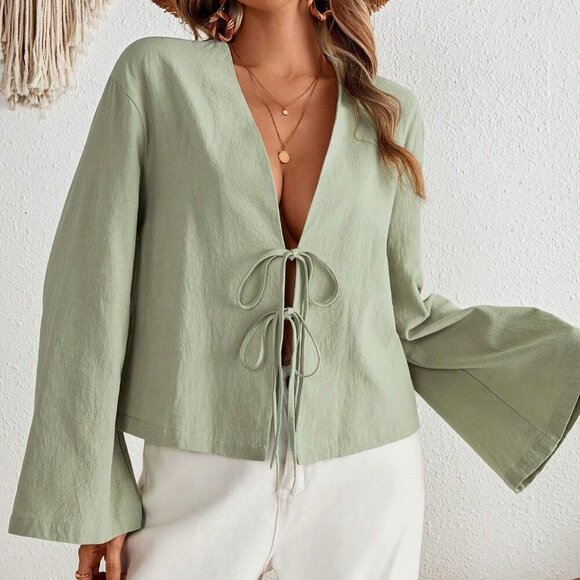 Army Green Casual Women's Vacation Tie Front Flare Sleeve Blouse Shirt - Picture 4 of 7
